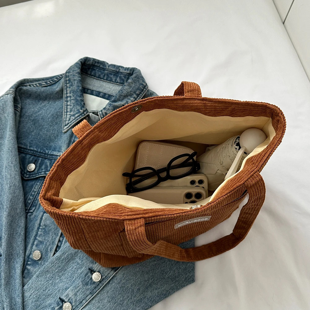 Women Corduroy Tote Bag with Pocket Large Capacity Shoulder Bags Casual Shopping Bag for Ladies School Work Handbag Shopping R250312