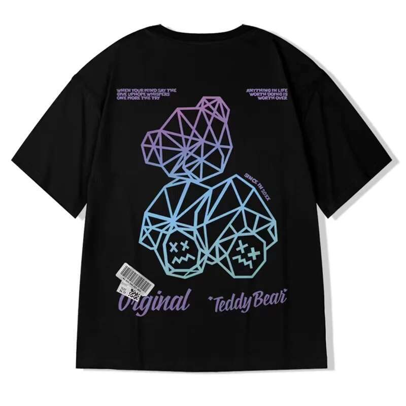 Anime Bear Print Y2k Men Summer Cotton Round Neck Short Sleeve Tee Hip-Hop Streetwear Haruku Loose Oversized T-Shirt