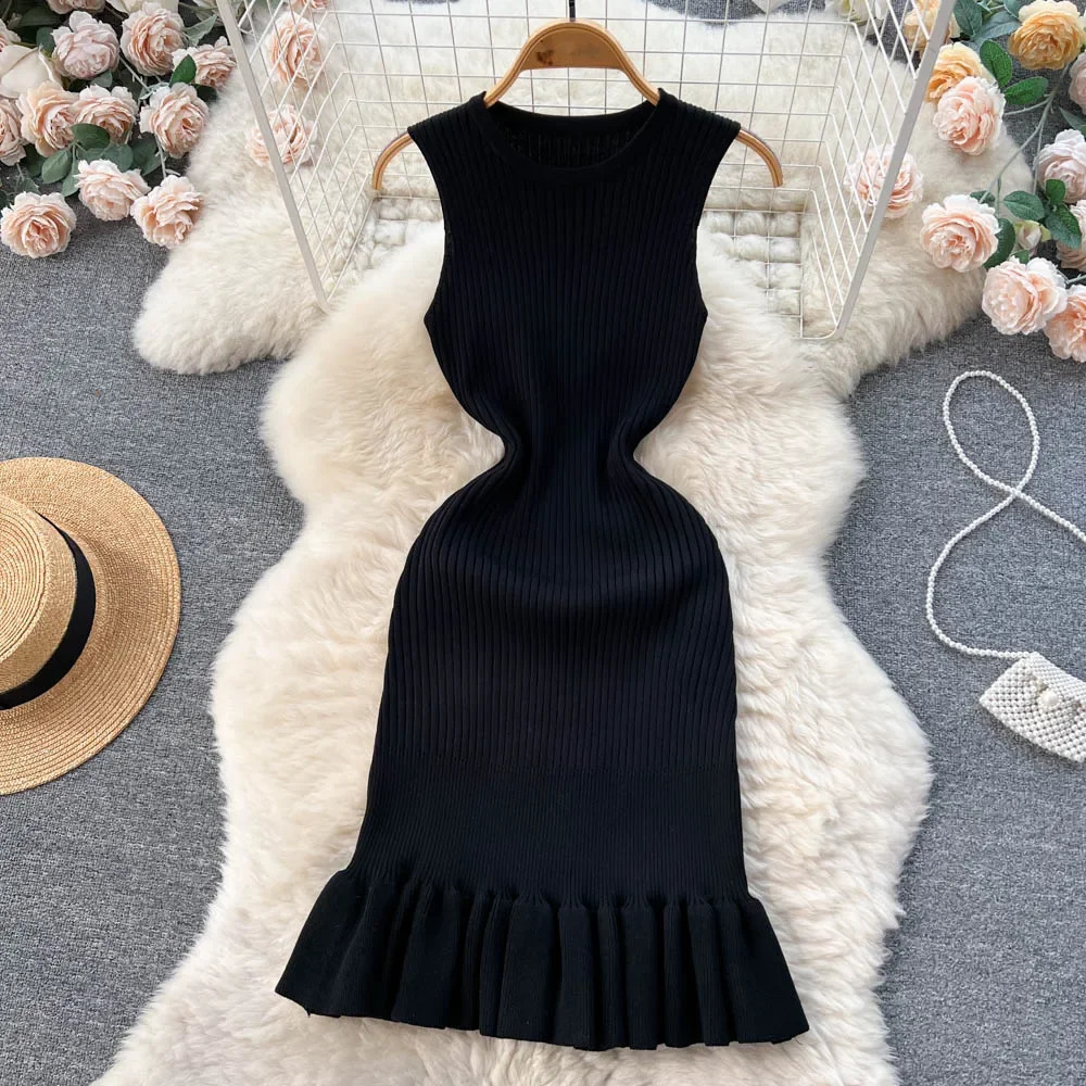 Summer Knitted Tight Sexy Dress Oneck Sleeveless Ruffle Party Sundress High Street Elastic Ultra Thin Short Skirt 250313
