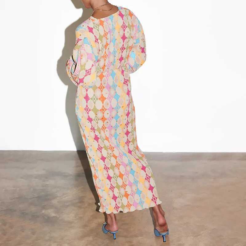 Urban Sexy Dresses 2025 Summer Women Geometric Patterns Print on Dr V-neck Puff Slve Loose Pleated Midi Dr Female Robes Plus Size S-3XL Y240312IYTV