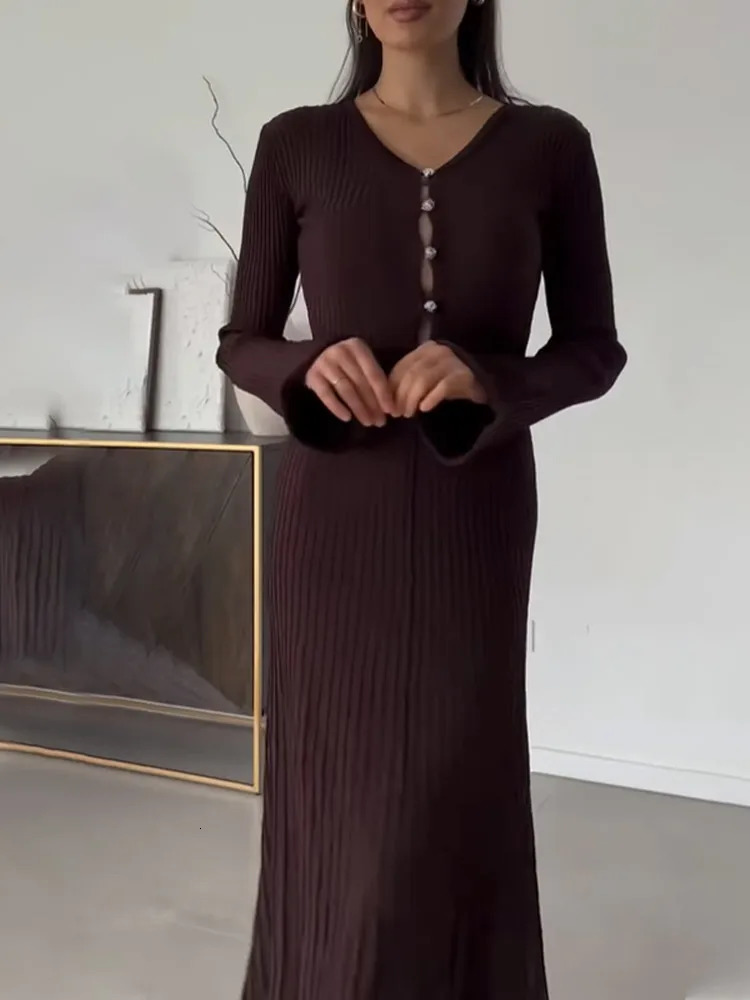 Womens Elegant Button Vneck Knitted Long Skirt Fashion Sleeve Ruffle Slimming Vestido Waist Office Robe 250313