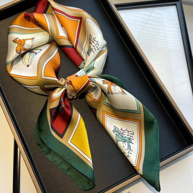 70x70cm Simple Presbyopia Printing Floral imitate Silk Scarf Headband for Women Gift Fashion Long Handle Bag Scarves Paris Shoulder Tote Luggage Ribbo