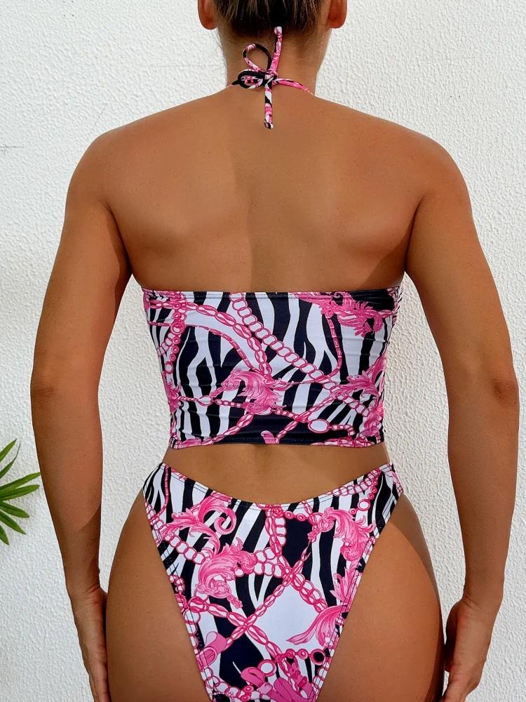 Women's Swimwear Bikini Women Swimsuit 2026 Print Halter Design Lace Up Bikinis Set Sexy Hollow Out Summer Beach Bathing Suit Female
