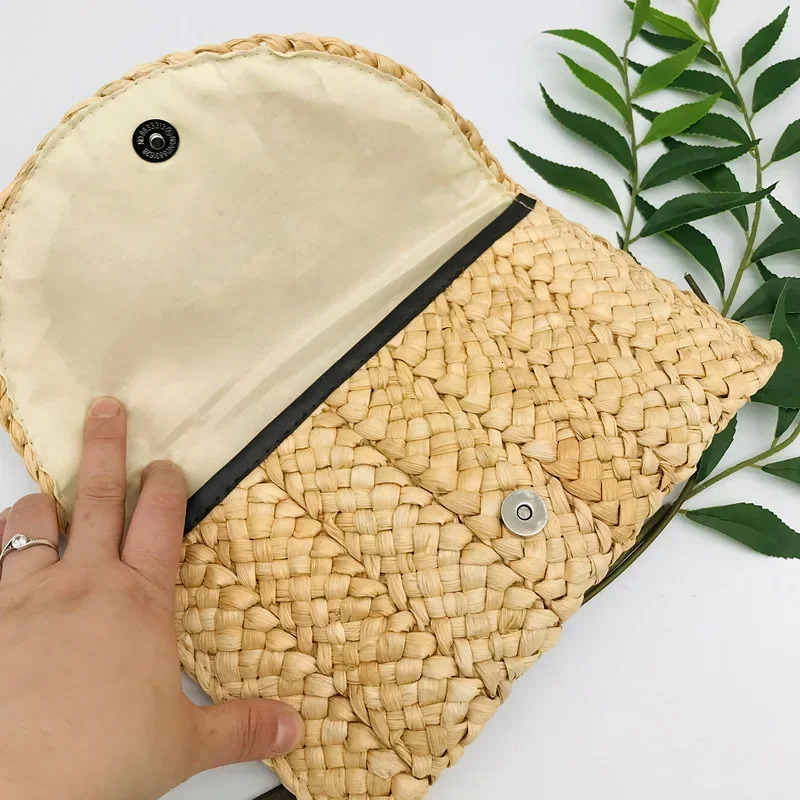 Fashion Corn Husk Handmade Womens Straw Bag Summer New Envelope Wallet Multi-color Beach Holiday Woven Bag Female Coin Purses R250312