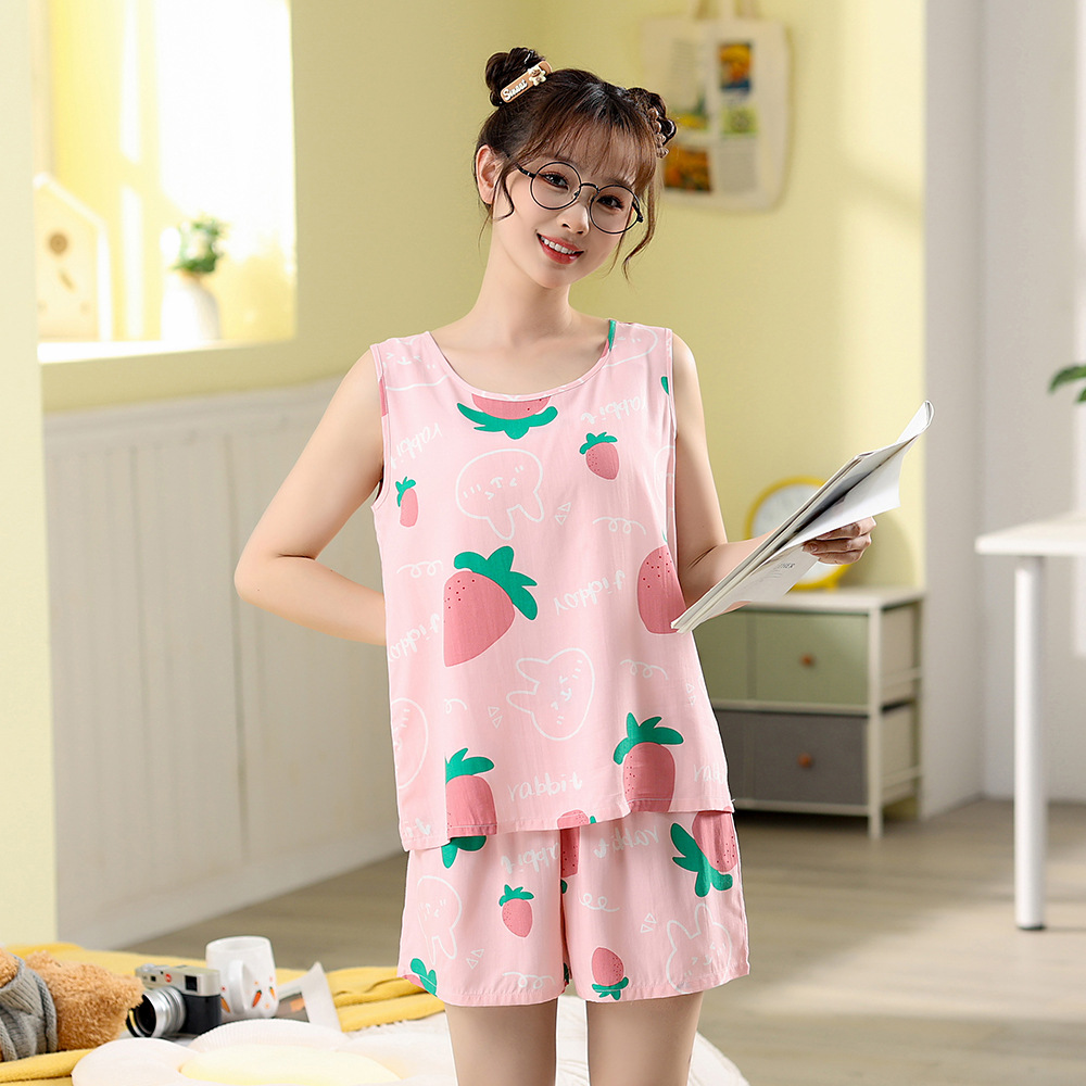 X153-Pajamas women summer cotton silk two-piece shorts cute vest ladies summer student fresh girl home clothes suit