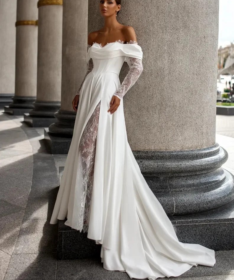 Princess A-Line Wedding Dress 2025 Off The Shoulder Long Sleeves Sweetheart Lace Applique Boho Beach Bridal Gown Vestido De Novia