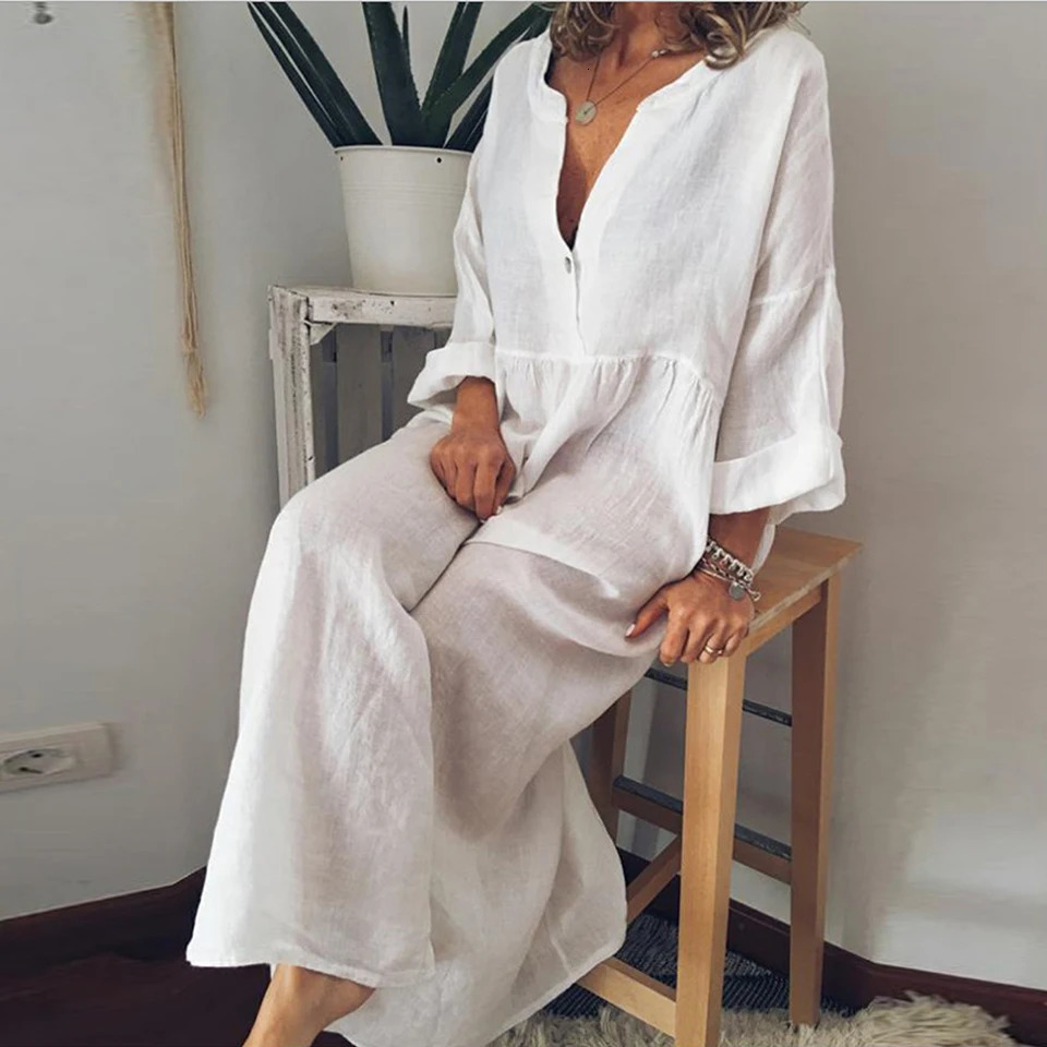 Large size L5XL Vneck loose cotton linen shirt for women solid color long sleeved thin Midi dress summer fashion holiday 250313