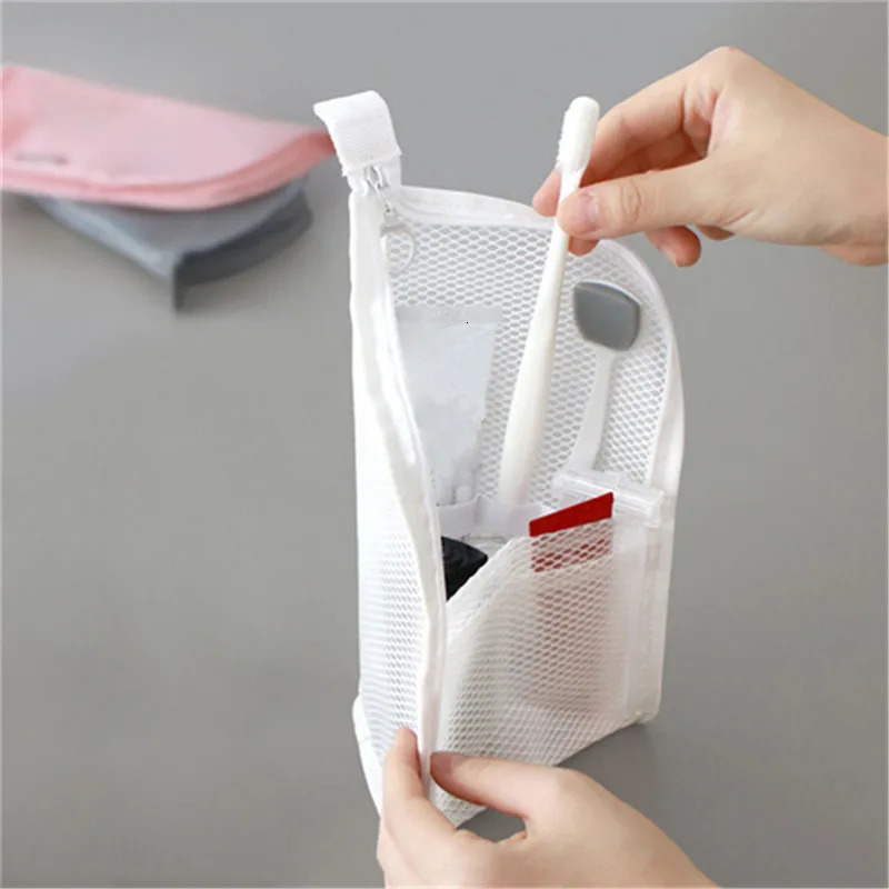 1 Pc Folding Zipper Travel Makeup Brush Bag Portable Mesh Cosmetic Bag Travel Makeup Bag Toothbrush Washing Organizer R250312