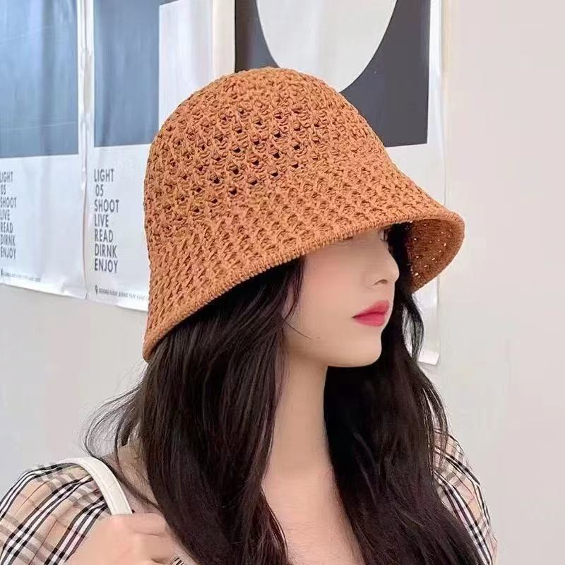 Spring and trendy woven hollow bucket summer sun protection straw hat, fashionable internet celebrity breathable baseball cap