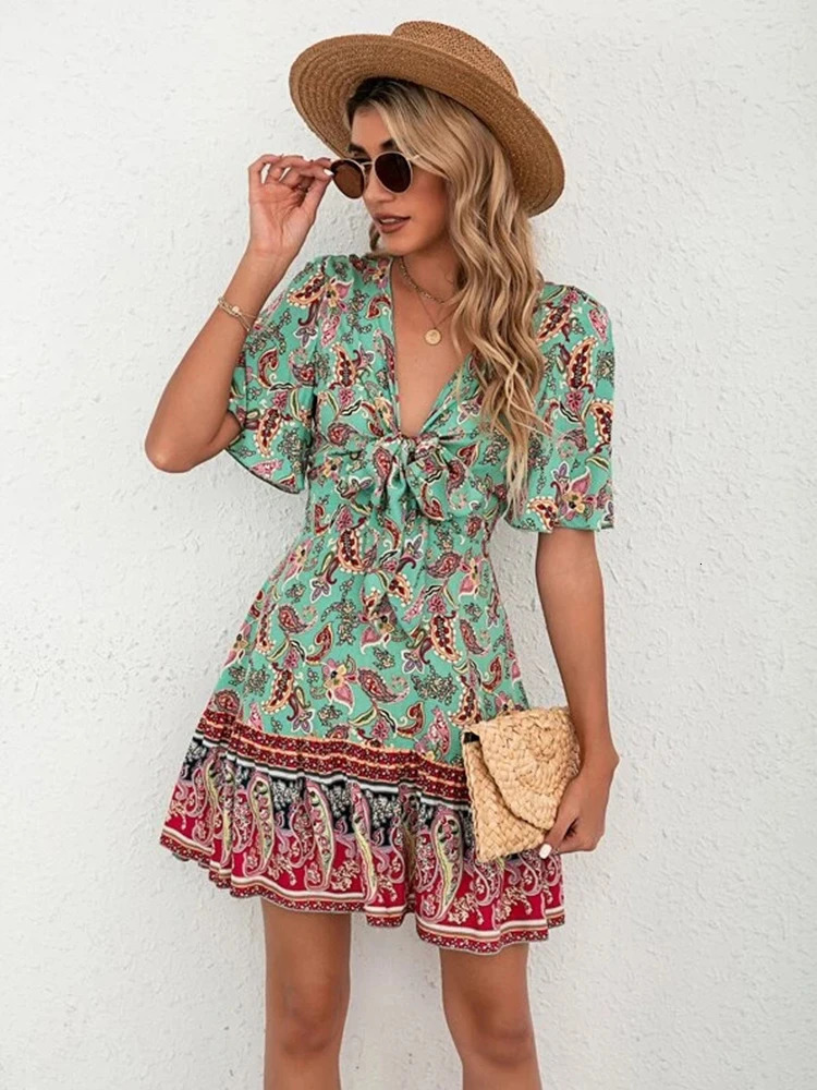 Womens summer fashion casual print Vneck Aline big hem lace waist bohemian long sleeved fashionable mini dress for sale 250313
