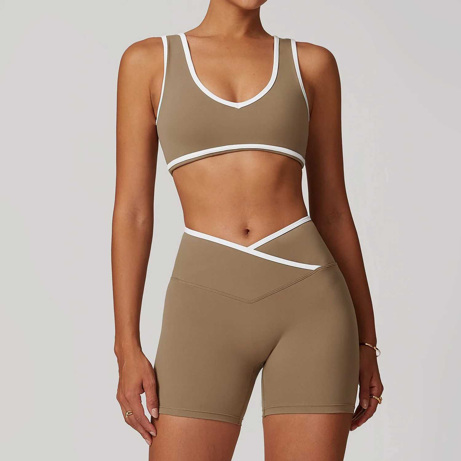 Women's Tracksuits Short Set Women Contrast Padded Bra Crop Top Cross High Waist Sports Pants Fitn Gym Pilates Tank Crop Top Y2503120C8N