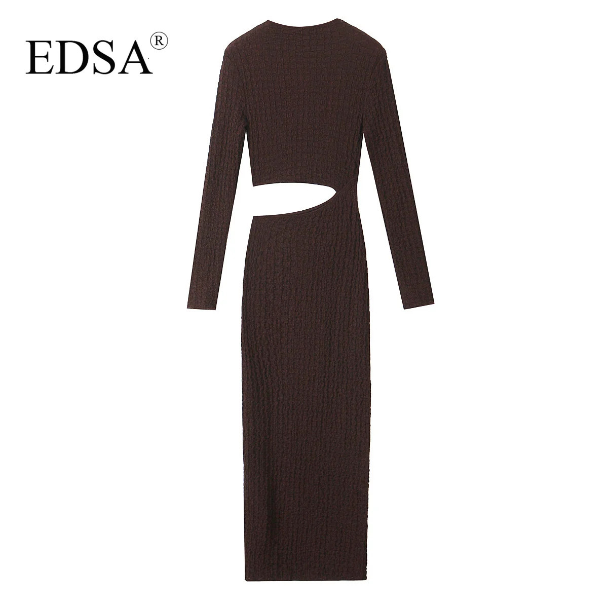 EDSA Womens Texture Cut Midi Dress High Waist Long Sleeve Hollow Elegant Skirt 250313