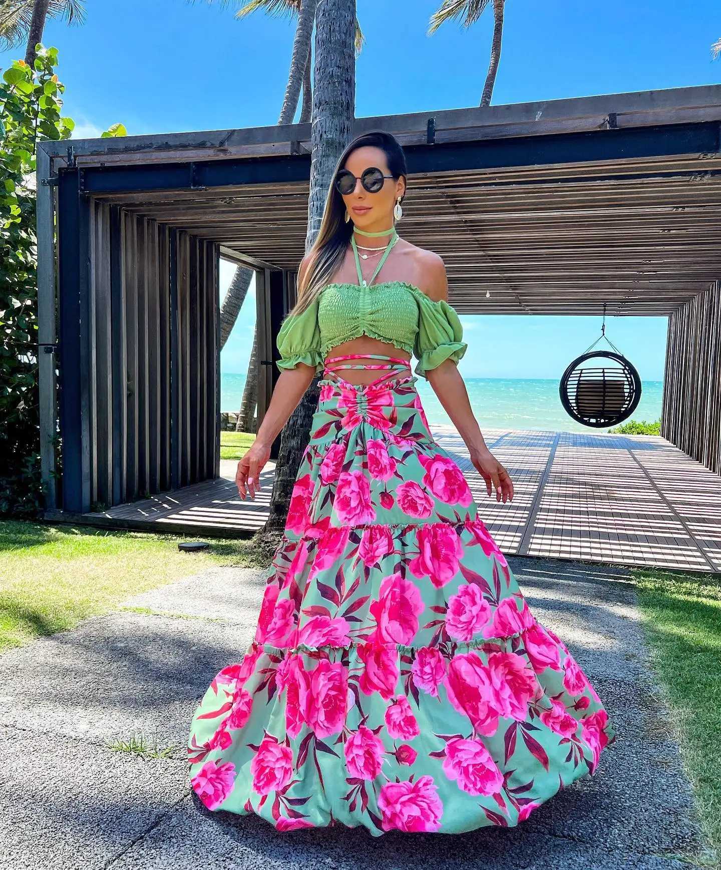 Two Piece Dress Dress For Women 2025 Printed Two-piece Elegant And Pretty Womens Dress Drawstring Halterneck Lacing Summer Long Dr Y250315LWDY