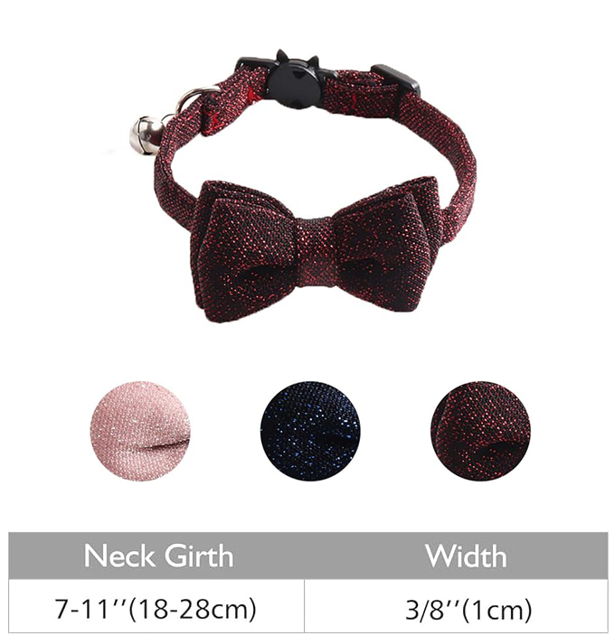 Cat Collar Breakaway with Bowtie and Bell, Red Sparkling Suede Fabric Fashion Kitten Collar with Removable Cat Bowtie Collar for Kitty Cat (18-28cm) B
