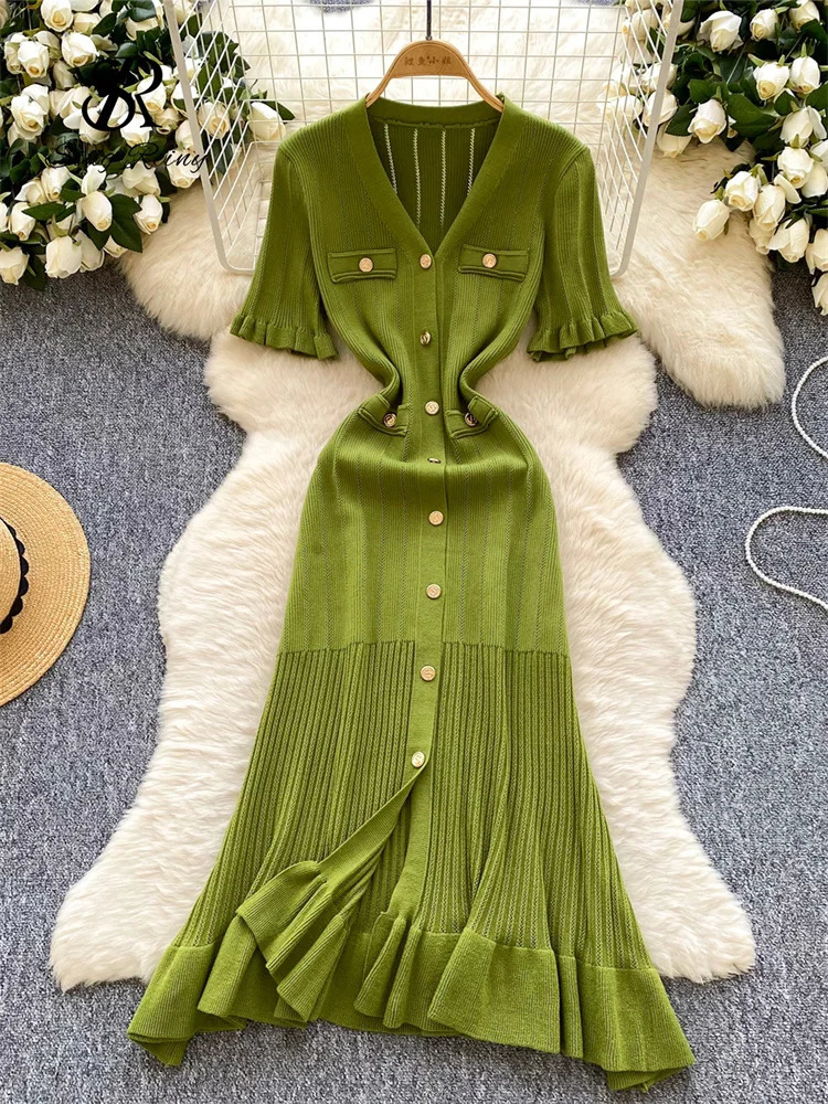 SINGREENY Summer OL Knitted Dress Womens Vneck Button n Ultra Thin Mermaid Sun Skirt Fashion Elastic Solid Bohemian Long 250313