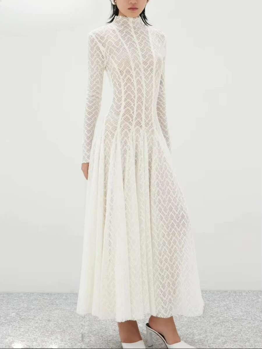 Solid Slimming Spliced Ruffles Dresses For Women Round Neck Long Sleeves Patchwork Hollow Out Dress Female Clothing