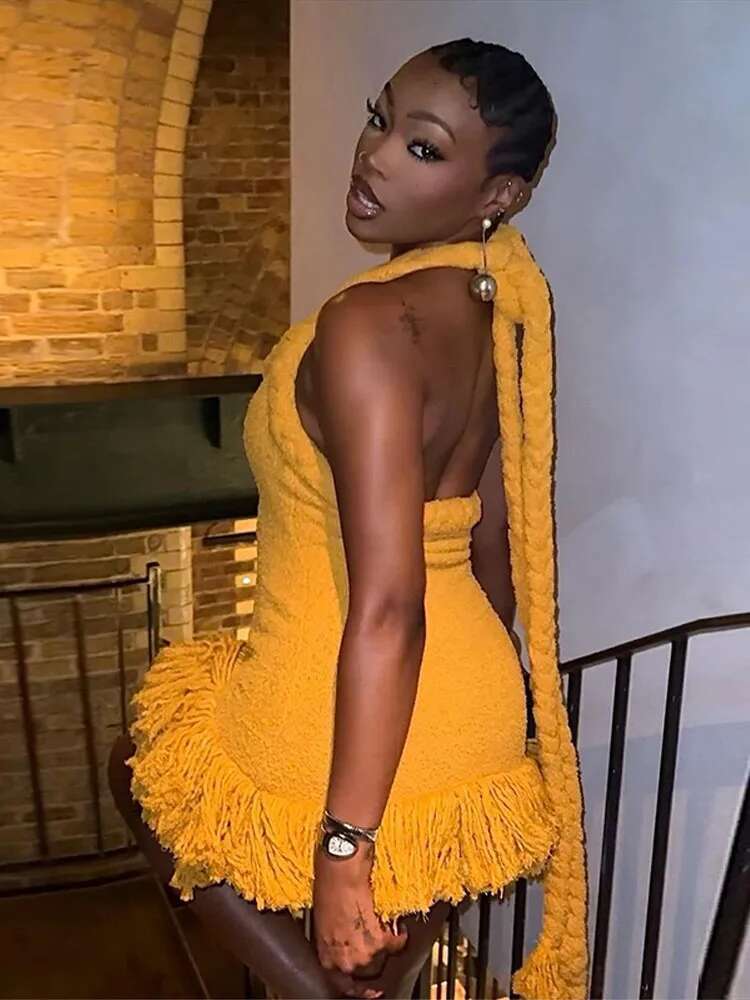 Tassels Hem Twist Strap Knitted Dress Women Sleeveless Backless Slim High Waist Dresses Female Holiday Evening Bodycon Robe