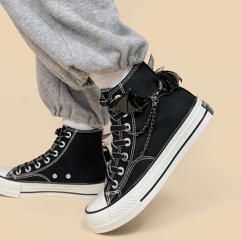 Black Punk Gothic High Top Canvas Shoes - Handmade hot Women's Sneakers for Casual & Student Style