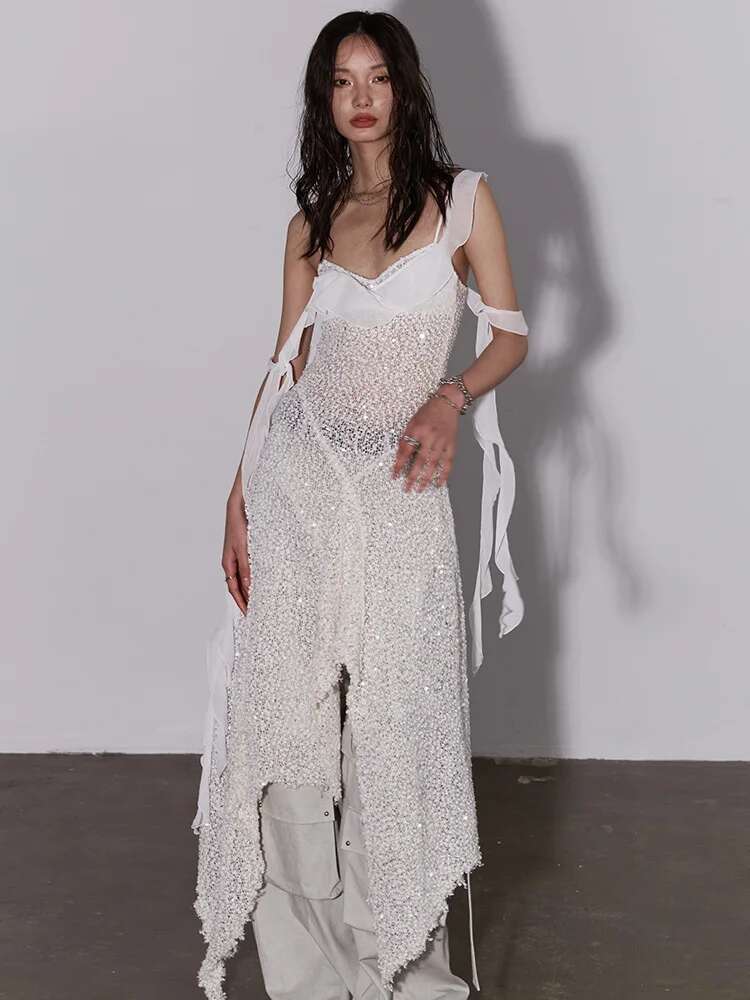 Women Beige Burr Perspective Sequins Irregular Long Spaghetti Strap Dress New Fashion Tide Spring Autumn 2025 1Dh4725