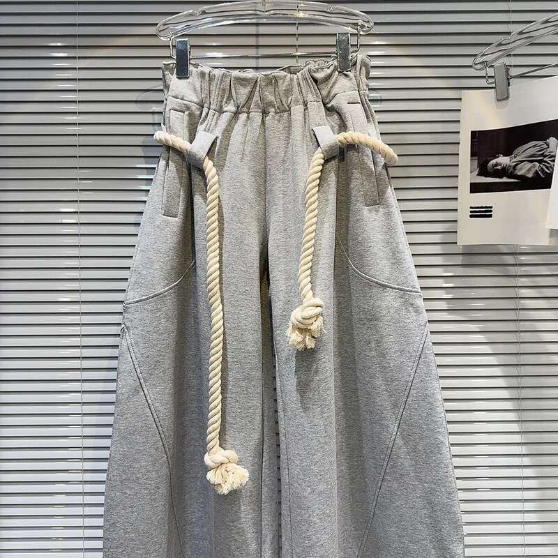 DEAT 2024 Autumn New Arrival Fashion Women's Woven Bandage Design Loose High Elastic Waist Wide Leg Casual Pants 33A1851