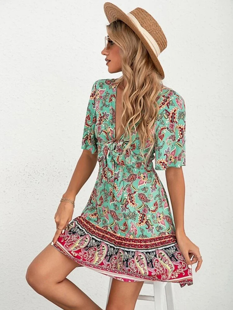 Womens summer fashion casual print Vneck Aline big hem lace waist bohemian long sleeved fashionable mini dress for sale 250313
