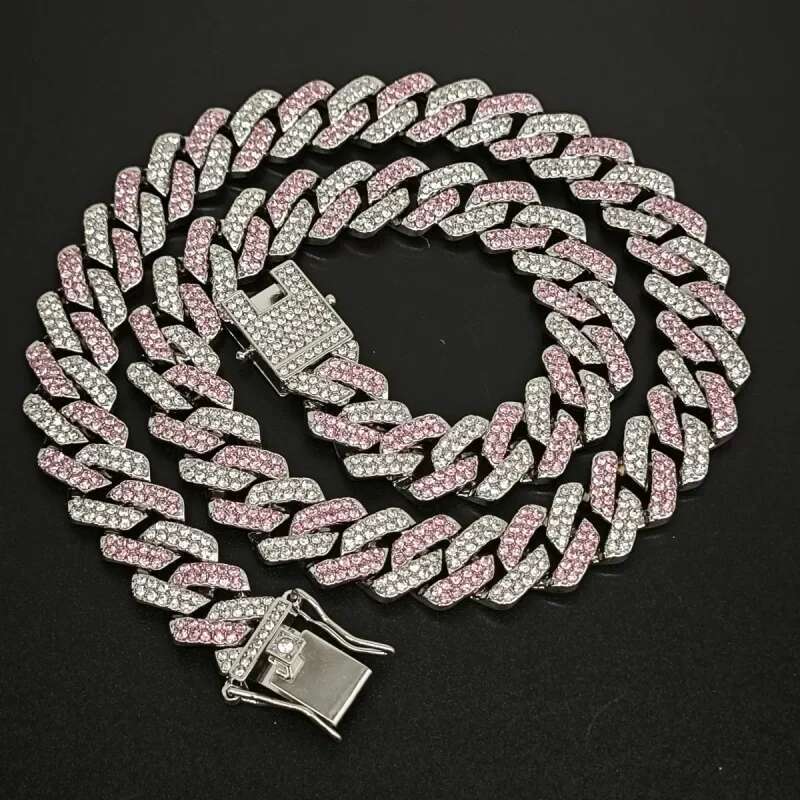 2tone Pink Blue Sier Color Miami Cuban k Chain Choker Necklace Bracelet Jewelry For Men Women 2 Row Rhies Paved 35cm