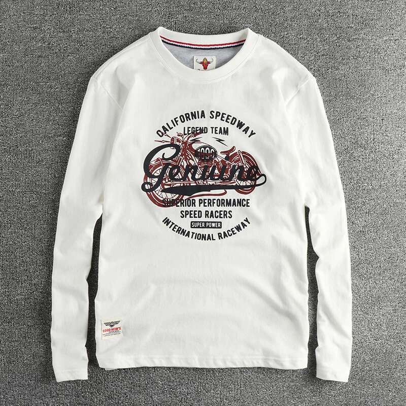 Autumn New Retro Hong Kong Style Pure Cotton Round Neck Long Sleeve T-Shirt Men's Motorcycle Letters With A Base Shirt