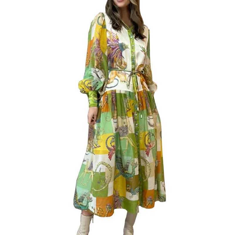 Urban Sexy Dresses Womens long dress with retro printed lantern Slve waist big swing European and American womens Dr. Vistidos Palla Mujer Y2403120ETE