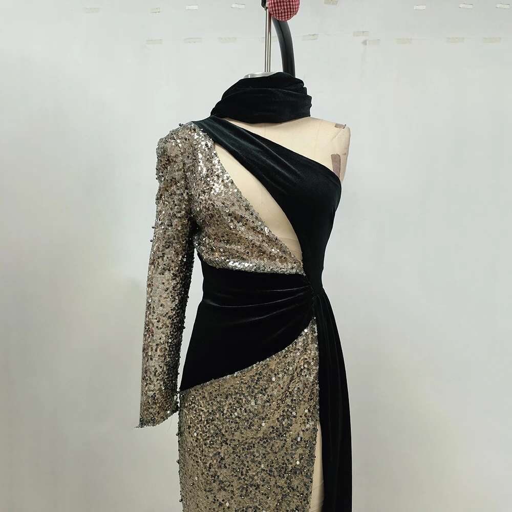 Hit Color Dresses For Women Halter One-Shoulder High Waist Patchwork Sequins Split Dress Female Fashion Clothing
