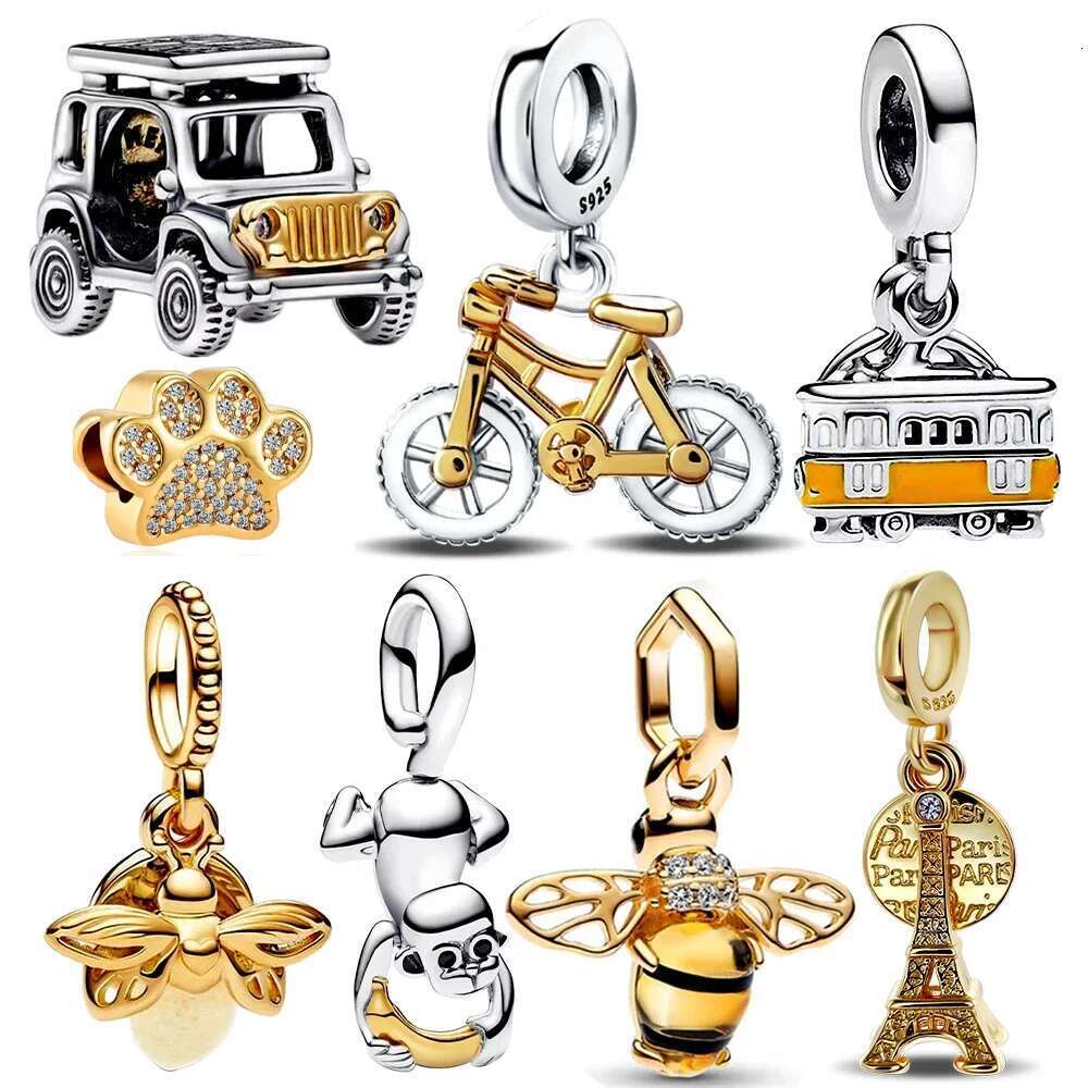 New 925 Sterling Silver Gold Bus Bus Charm Fit S925 Snake Bracelet Diy Charm Women's Fine Jewelry Gift