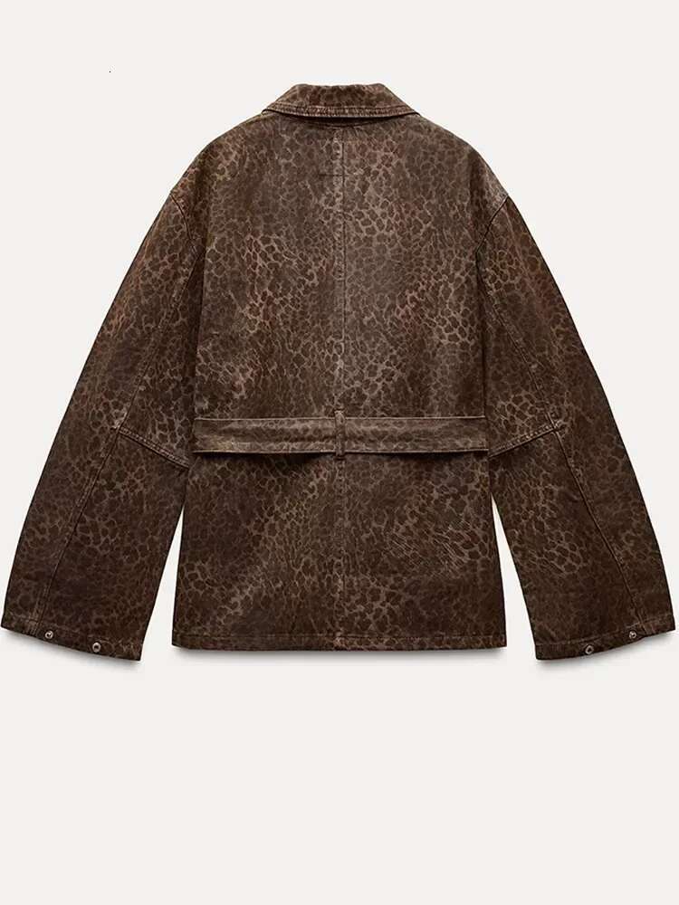 Leopard Printed Denim Single Breasted Belt Women's Coat Fashion Lapel Long Sleeve Short Jacket Fall New Lady Highstreet Outwear