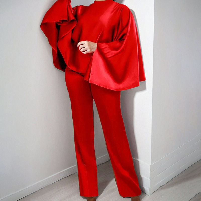 Women's Spring And Autumn Set, Stylish Solid Color Cloak Top, Micro Pull Up Pants, Two Piece Set