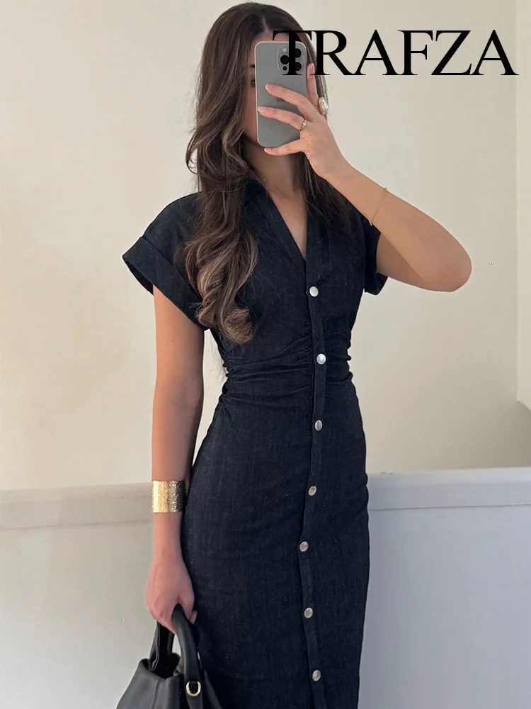 TRAFZA Womens Dress Fashion Solid Short Sleeve SingleBreasted Female Summer Pleated n Denim Turn down Collar Midi 250313