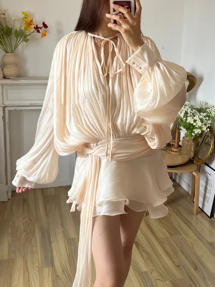 Elegant Ruffle Long Sleeve Mini Dress O Neck Lace Up Lantern Blouse Dresses Fashion Loose Lady Casual 250313