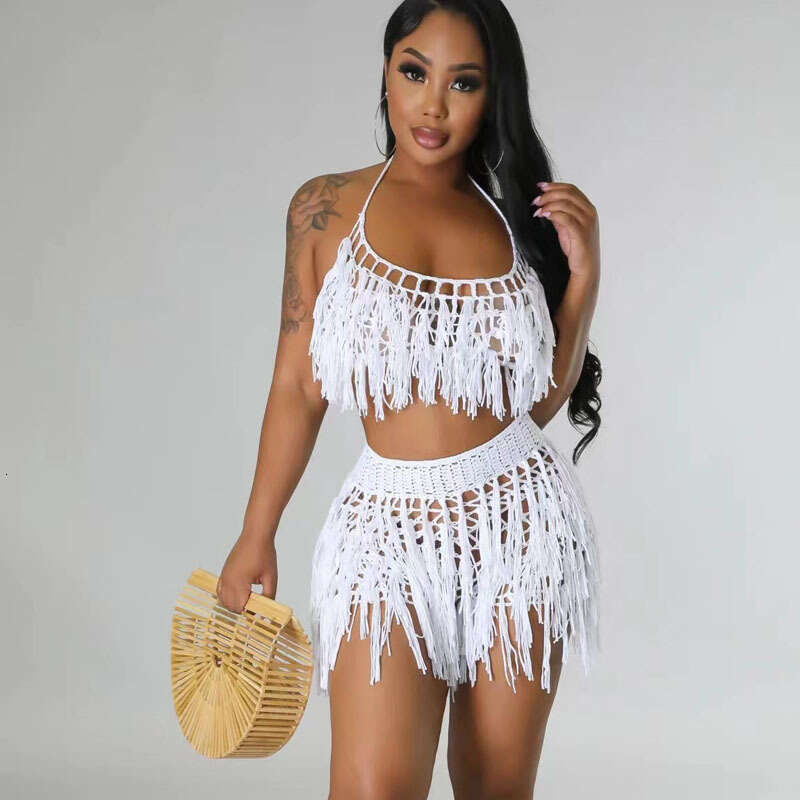 New Urban Sexy Perspective Knitted Hand Hook Tassel Beach Shorts Set For Women