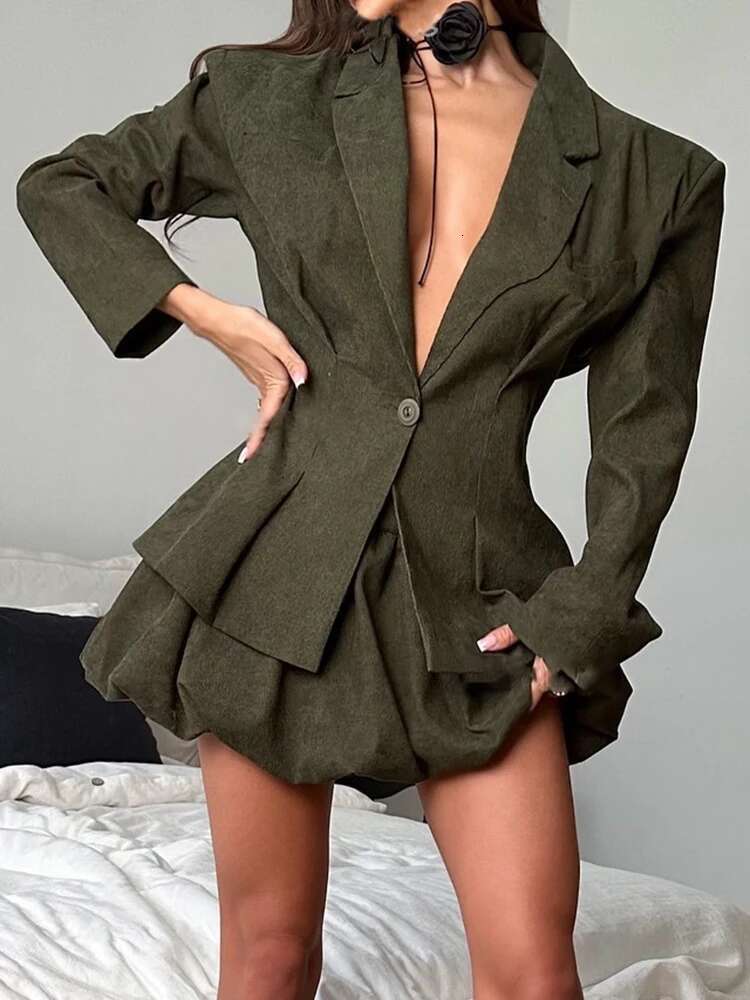 Women Green Two-Piece Suit Tweed Pleated Casual Blazer And Skirt Loose Jacket Fashion Spring Autumn 2025 New A676