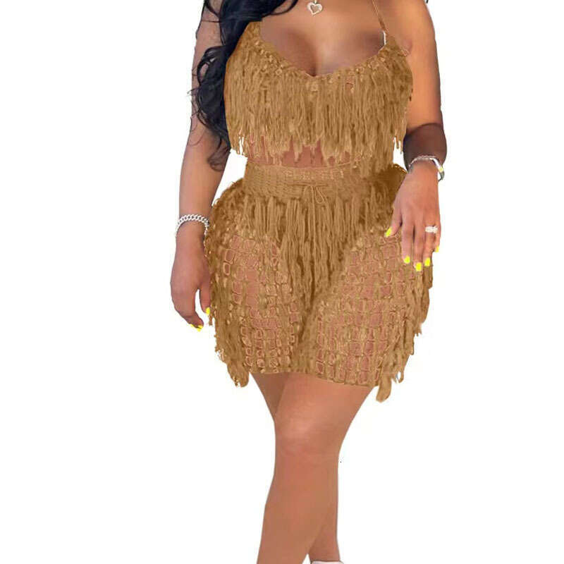 New Urban Sexy Perspective Knitted Hand Hook Tassel Beach Shorts Set For Women