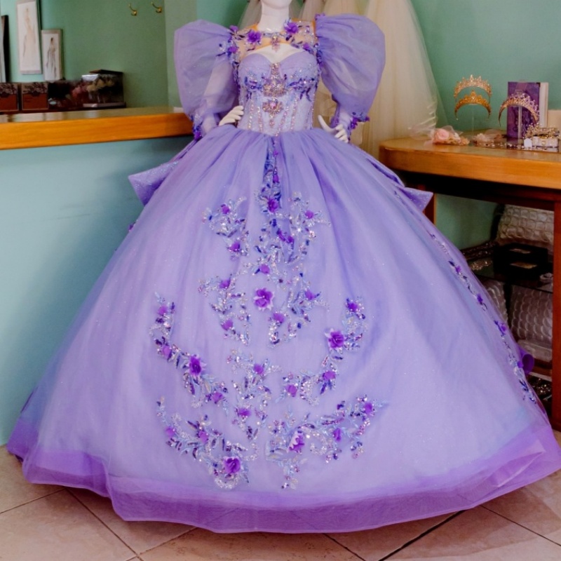 Lavender Shiny Off Shoulder Quinceanera Dresses Applique Flower Beading Crystal Corset Tull Puff Sleeve Party Birthday Sweet 16 Dress Vestidos 15 anos