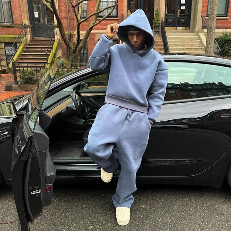 Casual sets Solid Tracksuit for Men Zipper Long Sleeve Hooded Sweatshirt Straight Pants 2 Piece Set Plush Hoodie Trousers Suits 250312