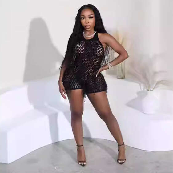 New Summer Handmade Tassel Women's Clothing Fashion Ultra-Thin Sexy Stretch Jumpsuit Wholesale