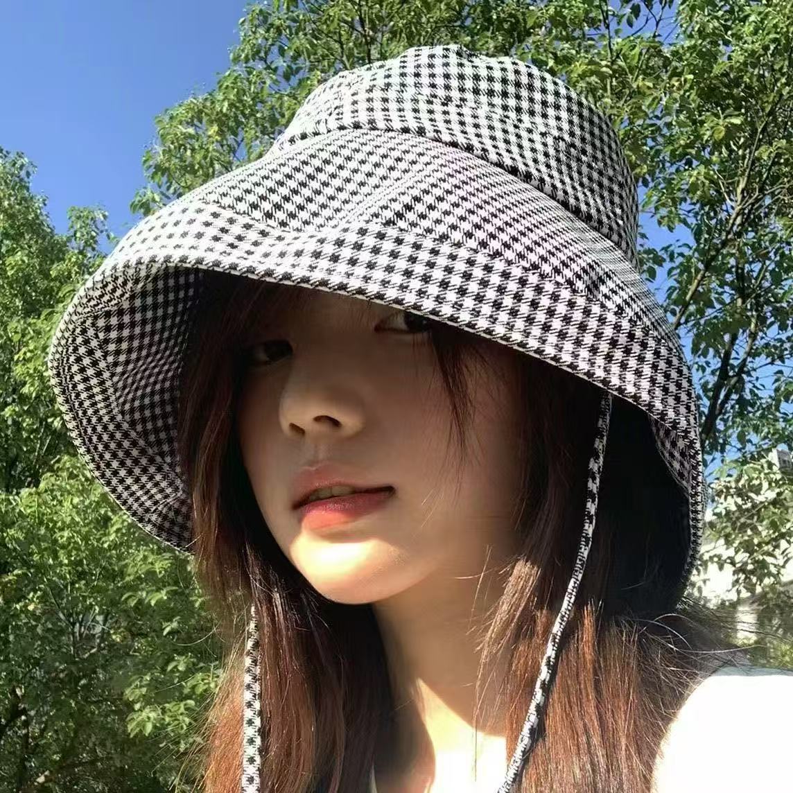 baseball cap Grid Fisherman's Female Korean Edition Summer Travel UV Protection Outdoor Big brimmed Sunshade Face Covering Beach Hat