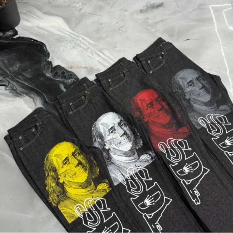 Black straight jeans for men and women new internet celebrity design personalized printed wide leg pants winter loose high street casual jeans X250313
