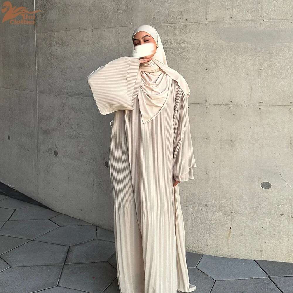 Uni Ramadan Muslim Solid Wrinkle Dresses For Women's Dubai Moroccan Petal Sleeve Abayas O-Neck Elegant Ka 2024