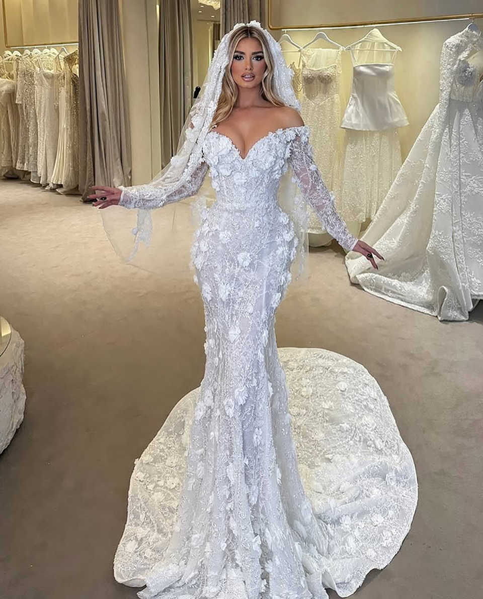 Sexy Mermaid Wedding Dress Off Shoulder Long Sleeves Bridal Gowns 3D Appliques Pearls Sweep Train Dresses Custom Made vestidos de novia