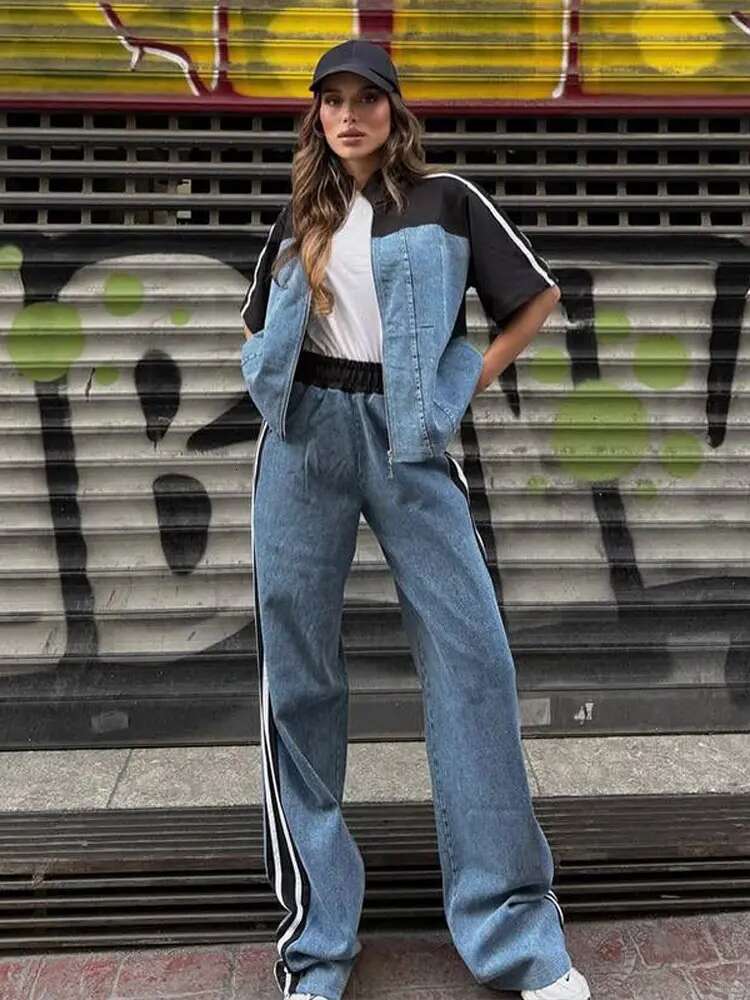 Casual Denim Patchwork Stripe Women's Suits Short Sleeve Zipper Tops High Waisted Wide Leg Pants Two-Piece Set Spring Summer New