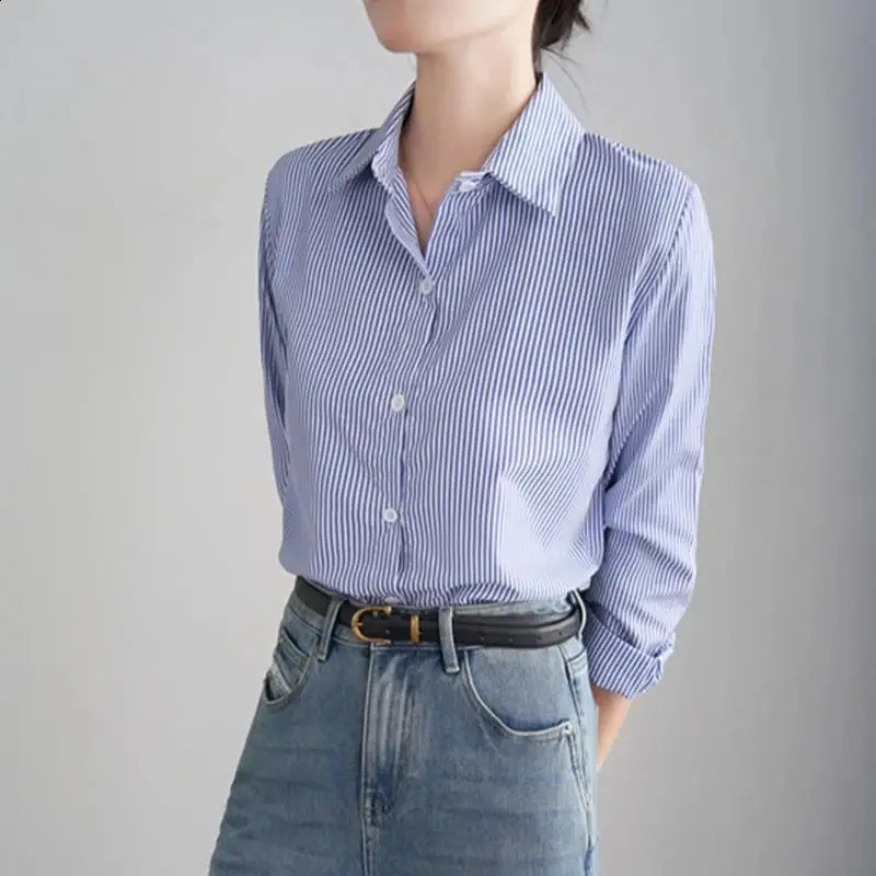 Blue Striped Shirt For Women Loose Spring Autumn Casual Long Sleeves Shirt Fashion Clothes For Ladies Office Lady Wear 250313