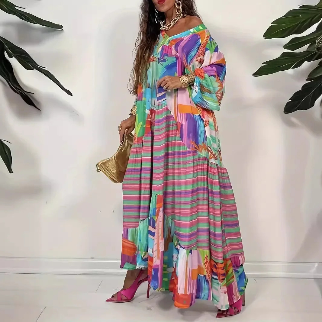 Plus size European plus Vneck striped print loose fit dress lace casual womens wear 250313