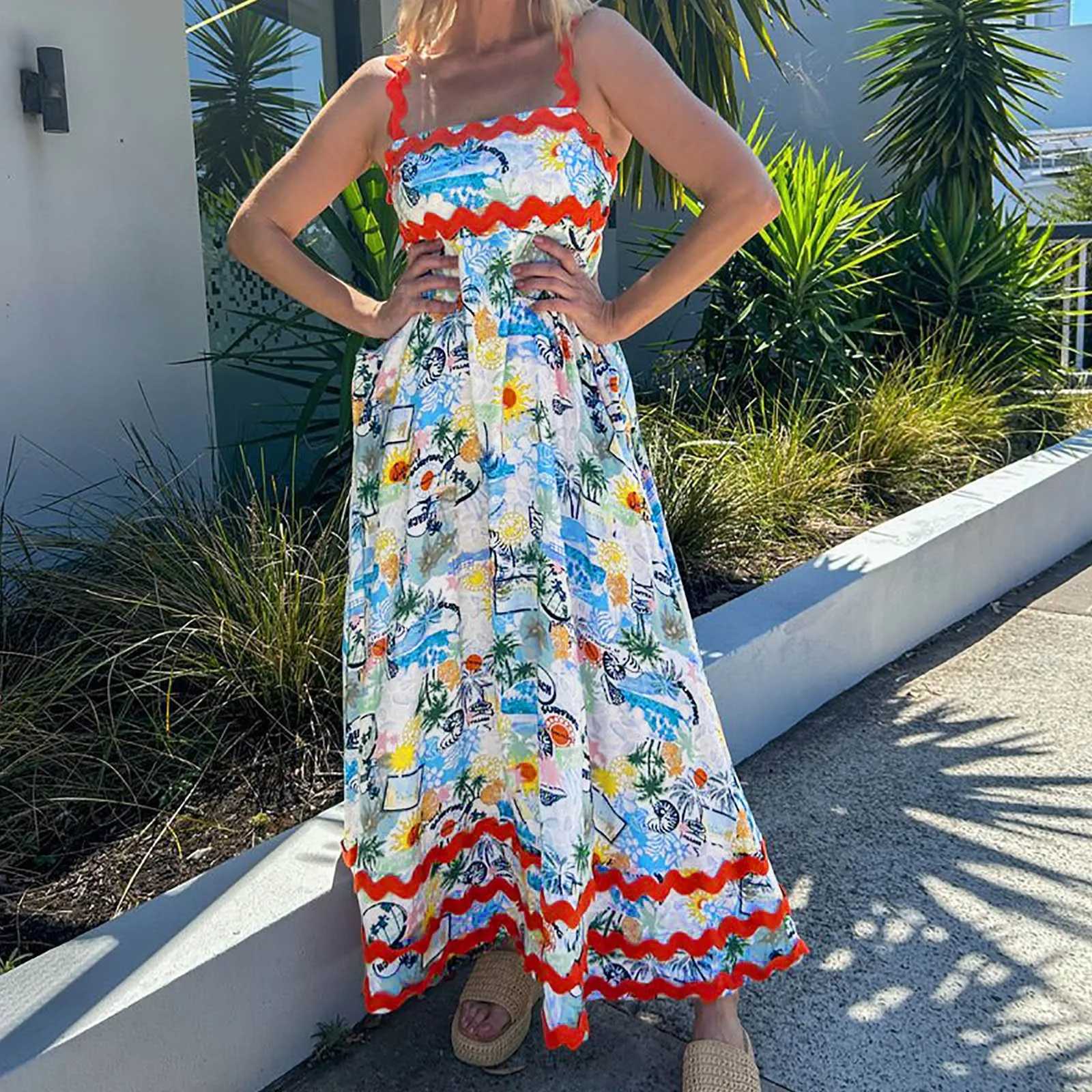 Urban Sexy Dresses Womens dress 2025 casual plus size women bohemian long Dr graphic spaghetti shoulder strap Flowy Vestidos De Fiesta elegant 2025 Y2