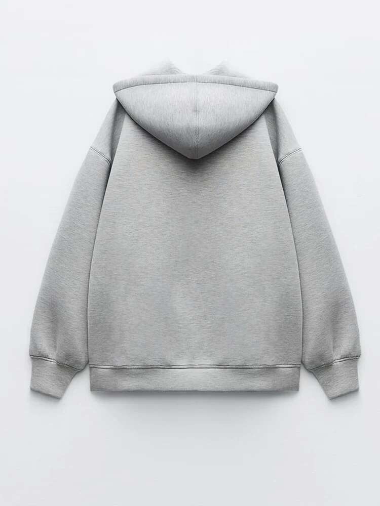 Autumn Winter Warm Gray Bomber With Hood Long Sleeve Big Pocket Zipper Jacket Women Casual Outerwear Coat Tops