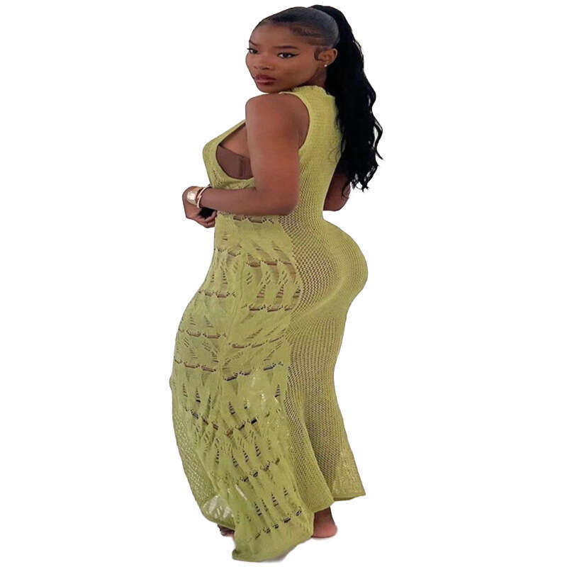 Hollow Mesh Sweater Style Vacation Sexy Long Skirt Knitted Slit Dress Summer